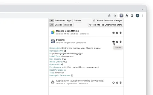 Plugins Chrome Extension ڈاؤن لوڈ کریں – ایکسٹینشنز اور پرمیشنز کا بہترین کنٹرول - Screenshot 3